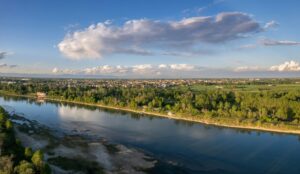 aerial panorama of the Po river and the city of Cremona, Lombardy, Italy