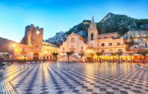 Belvedere of Taormina and San Giuseppe church on the square Piazza IX Aprile in Taormina