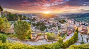 Fantastic sunrise over old famous medieval village Stilo in Calabria.