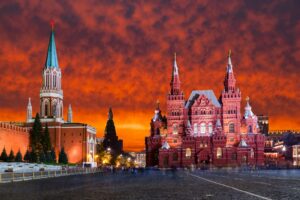 Red Square, Moscow Kremlin at sunset. Moscow, Russia