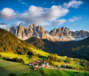 Santa Maddalena, Val di Funes, Italy. Most popular place in Italy. Classical landscape