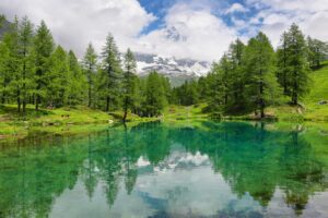 Summer alpine landscape on the Blue Lake (Lago Blu) near Breuil-Cervinia, Aosta Valley, Italy