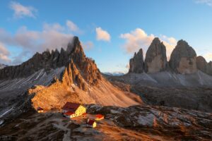 Tre Cime di Lavaredo and rifugio Locatelli in Dolomite Alps