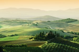 Tuscany landscape at sunrise. Tuscan farm house, vineyard, hills.