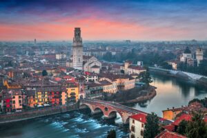 Verona, Italy town skyline on the Adige River