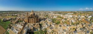 Aerial drone panoramic view of the Rotunda St. John Baptist Church in Xewkija, Gozo, Malta