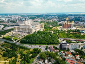 Aerial drone view of Bucharest, Romania