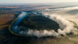 Aerial drone view of the nature of Moldova at sunrise