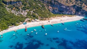 Aerial drone view of the paradise beach of Kroreza or Krorez on the Albanian riviera in Sarande