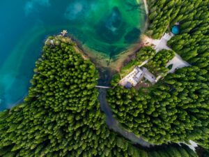 Aerial shot of a forested beach and Durmitor mountain with the seascape view