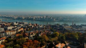 Aerial view of Hungarian Parliament Building in Budapest, Hungary