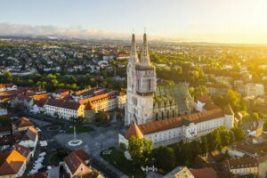 Aerial view of the Cathedral in Zagreb at sunrise. Croatia