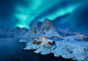 Aurora Borealis, Lofoten islands, Norway. Iconic view in Norway.