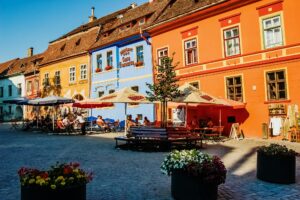 Beautiful streets of the Romanian city of Sighisoara, with colorful houses