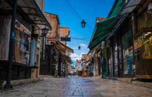 Beautiful view of traditional stores at the Old Bazaar market in Skopje, Macedonia