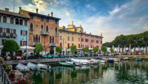 Colorful old buildings in a beautiful city of Desenzano on Lake Garda, Italy.