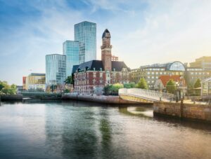 Colorful view of Malmo Skyline and Hamnkanalen Canal - Malmo, Sweden