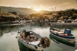 Fishing boats in traditional harbour, Centuri, Corsica, France