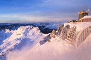 Germany, Bavaria, sunrise on Zugspitze, view on Muenchner Haus