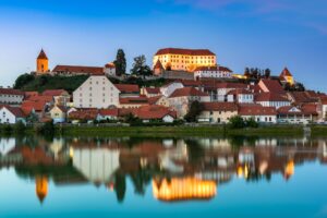 Illuminated City of Ptuj in Slovenia at Twilight