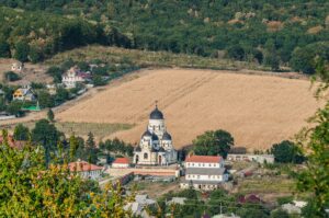 Landscape view with Capriana Monastery and the village around