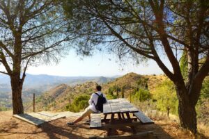 Mature man look into the distance in the Troodos mountains. National park "Troodos Mountains",Cyprus