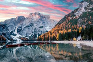 Picturesque landscape with famous lake Braies in autumn Dolomites