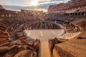 Scenic view of Roman Colosseum interior at sunset