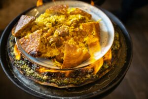 Shah's pilaf. Khan's pilaf in lavash in Azerbaijani in the restaurant. Traditional Oriental