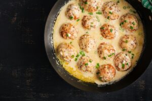 Swedish meatballs in cream sauce. Swedish cuisine.