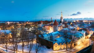 Tallinn, Estonia. Panorama Of Traditional Medieval Houses, Old N