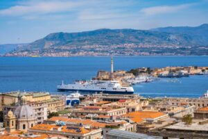 The Strait of Messina between Sicily and Italy. View from Messina, Calabria coastline in background