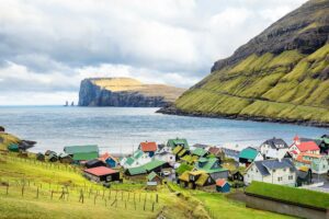 Tjornuvik village, stacks Risin and Kellingin before storm, Eysturoy, Faroe Islands, Denmark