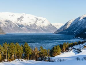 Tranquil scenery of the Hardangerfjord fjord during winter in Norway