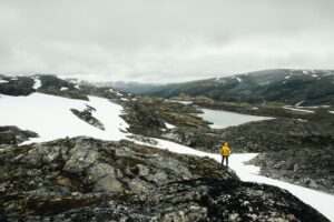 Typical norwegian landscape with snowy mountains