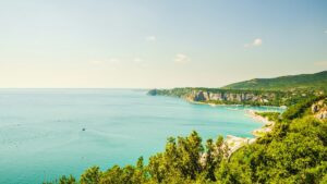 View at Bay with tourist resort in gulf of Trieste near town Sistiana, Italy, Europe. Travel