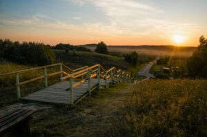 Wooden Stairs To The Road at Sunset, Belarus, Braslav